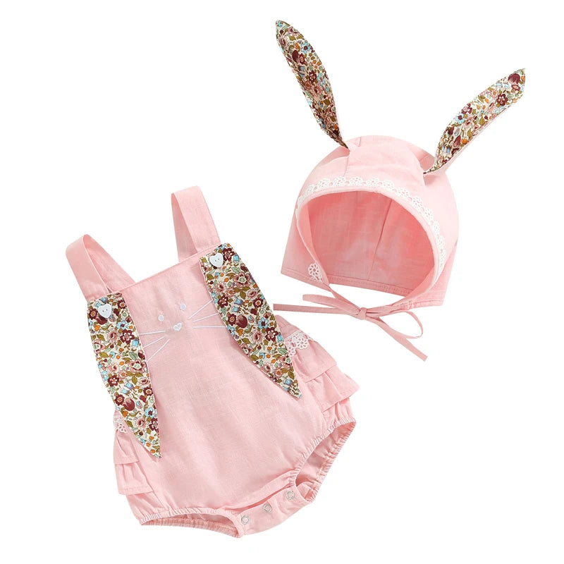 KMK - Easter Sleeveless Floral Bunny Ears Romper + Hat