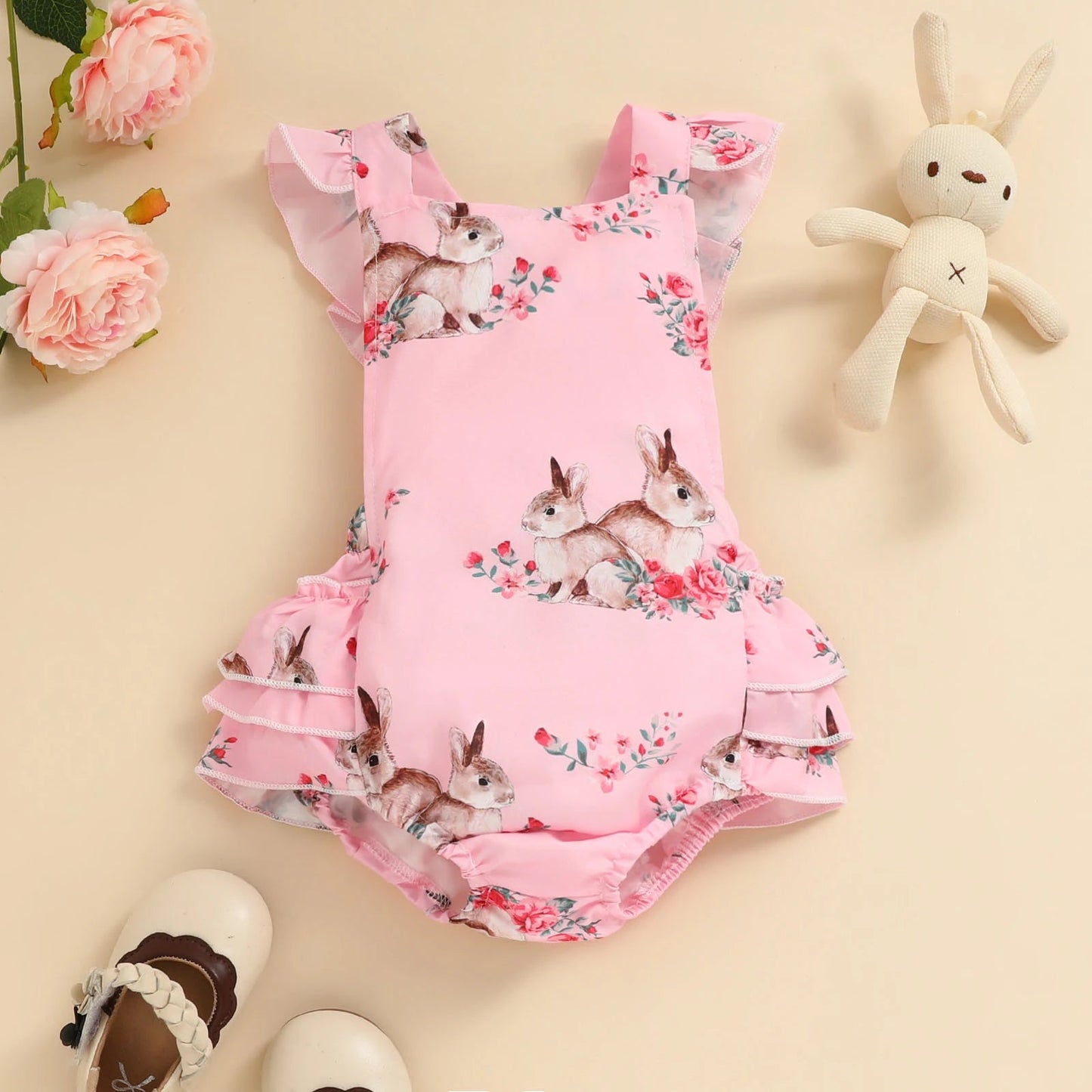 KMK - Easter Sleeveless Lace Rabbit Print Romper