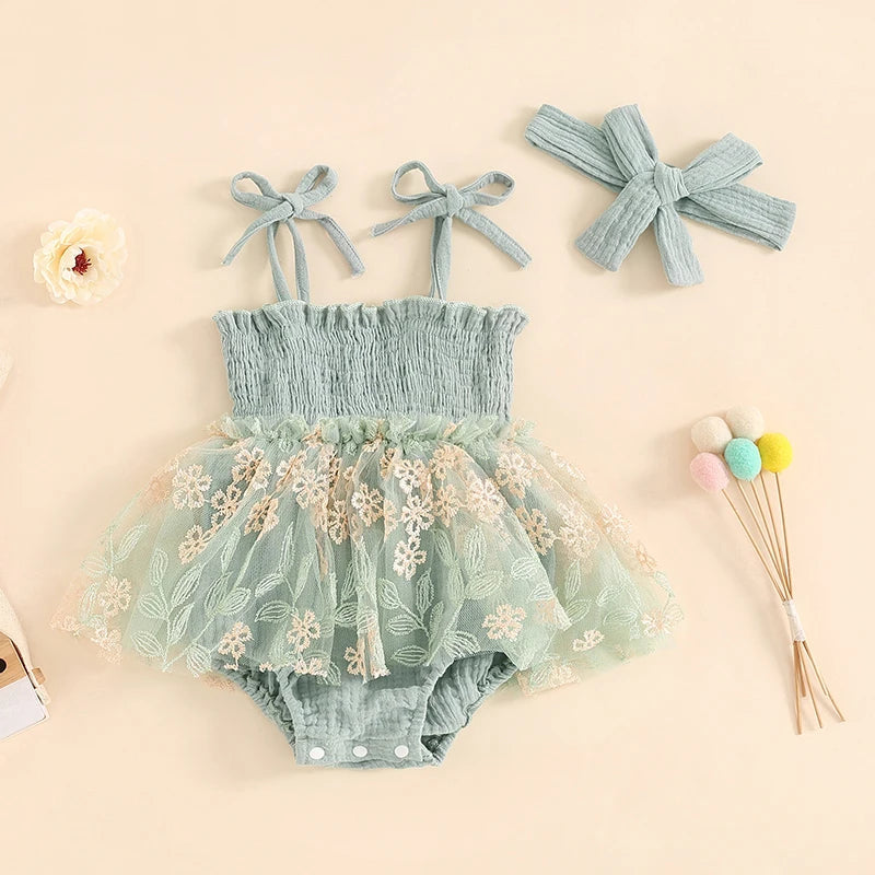 KMK - Embroidered Mesh Tulle Romper + Headband