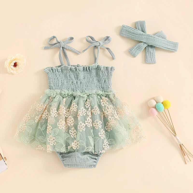 KMK - Embroidered Mesh Tulle Romper + Headband