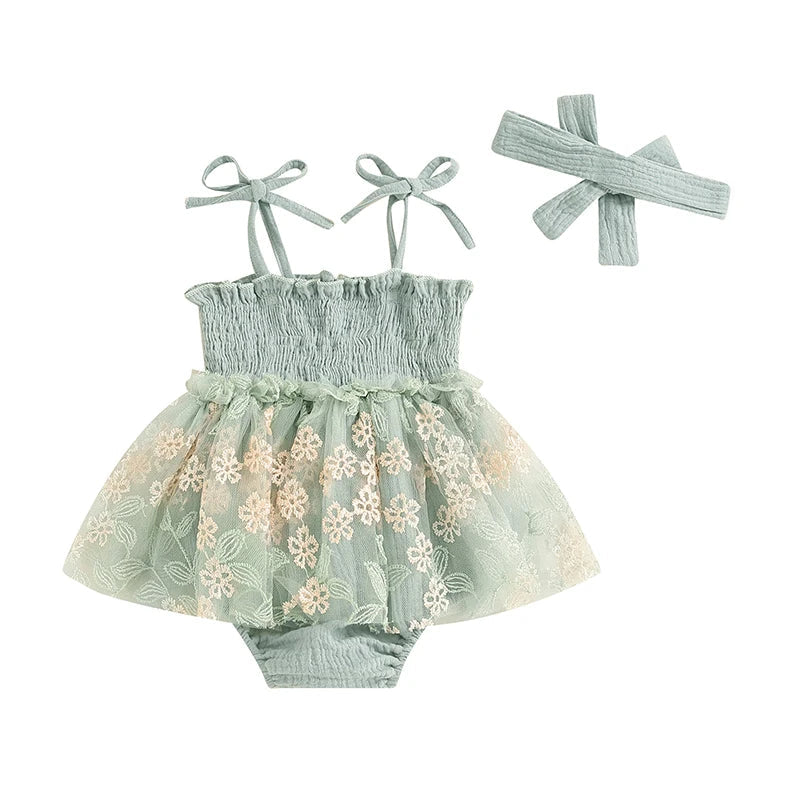 KMK - Embroidered Mesh Tulle Romper + Headband