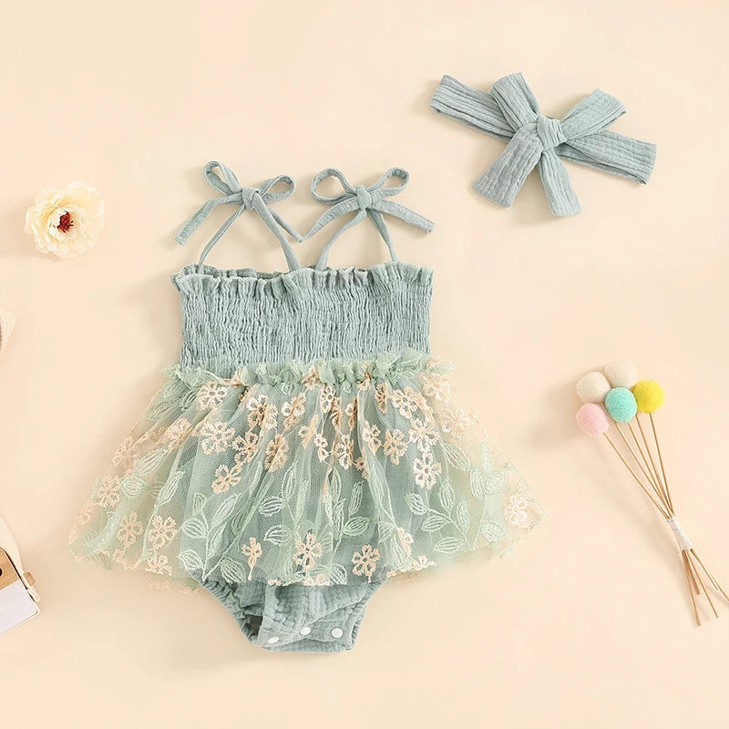 KMK - Embroidered Mesh Tulle Romper + Headband