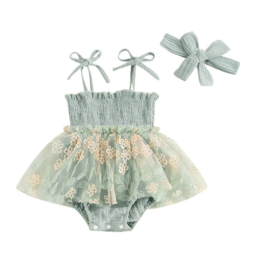 KMK - Embroidered Mesh Tulle Romper + Headband