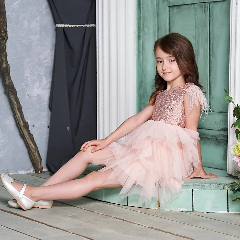 KMK - Feather Sequins Tiered Girls Dress