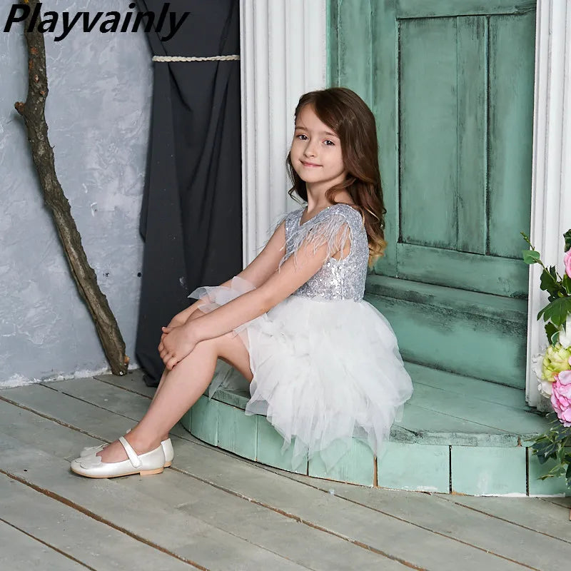 KMK - Feather Sequins Tiered Girls Dress