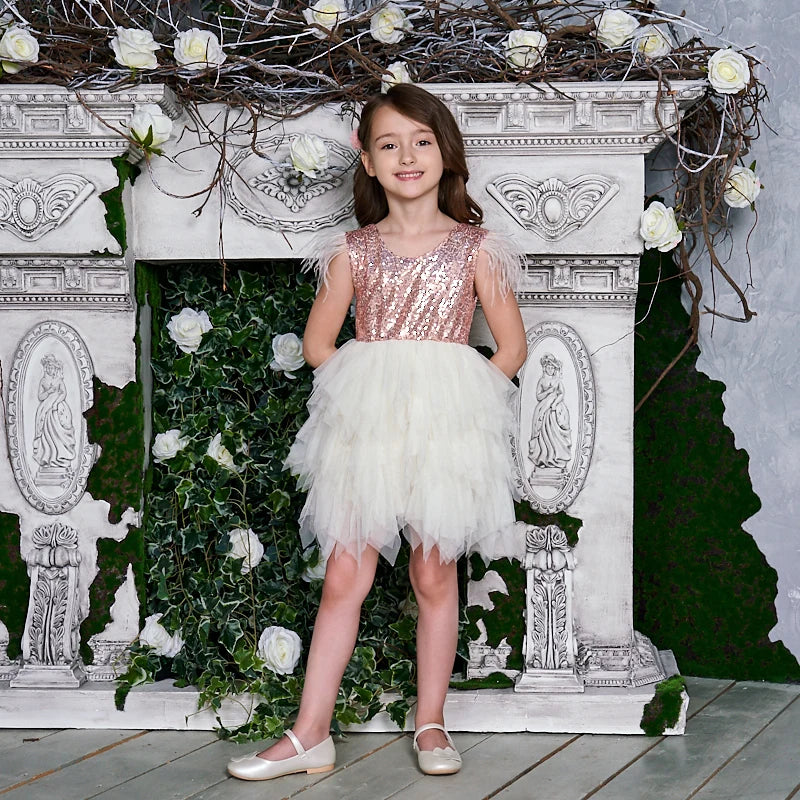 KMK - Feather Sequins Tiered Girls Dress