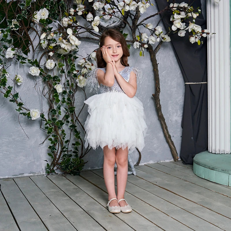 KMK - Feather Sequins Tiered Girls Dress