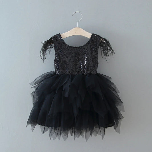 KMK - Feather Sequins Tiered Girls Dress