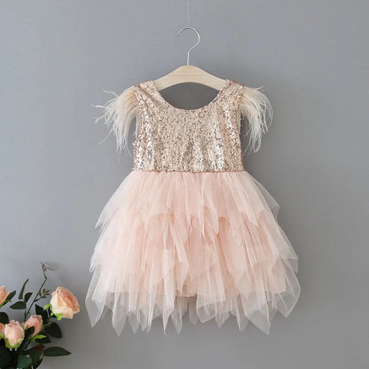 KMK - Feather Sequins Tiered Girls Dress