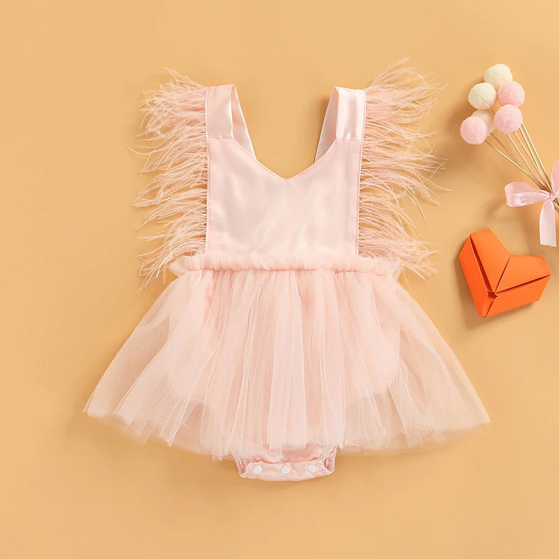 KMK - Feather Sleeveless Tulle Romper Dress