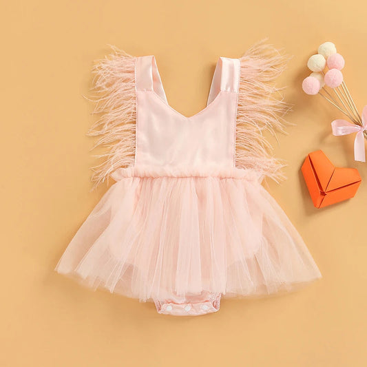 KMK - Feather Sleeveless Tulle Romper Dress