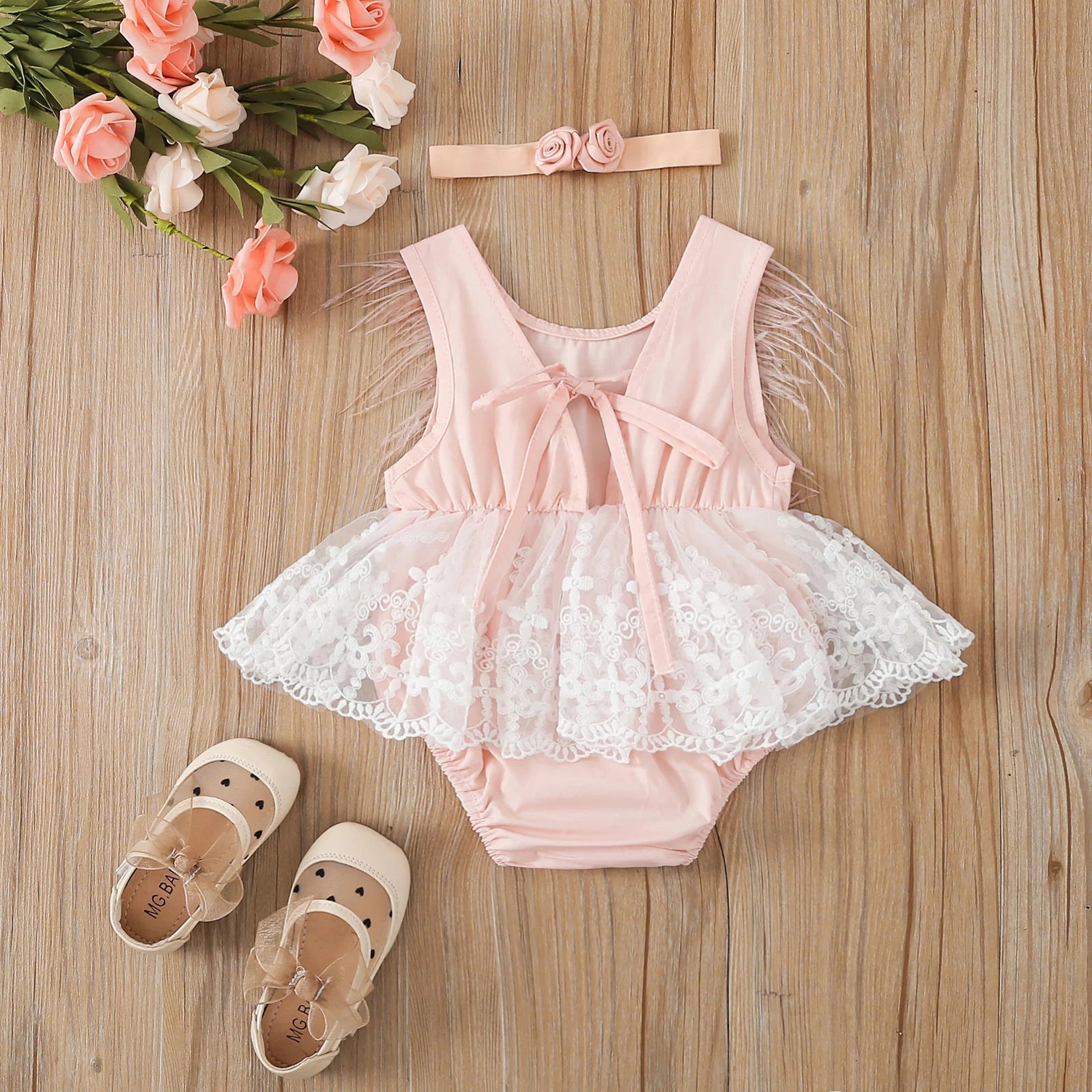 KMK - Feather Trim Lace Romper + Headband