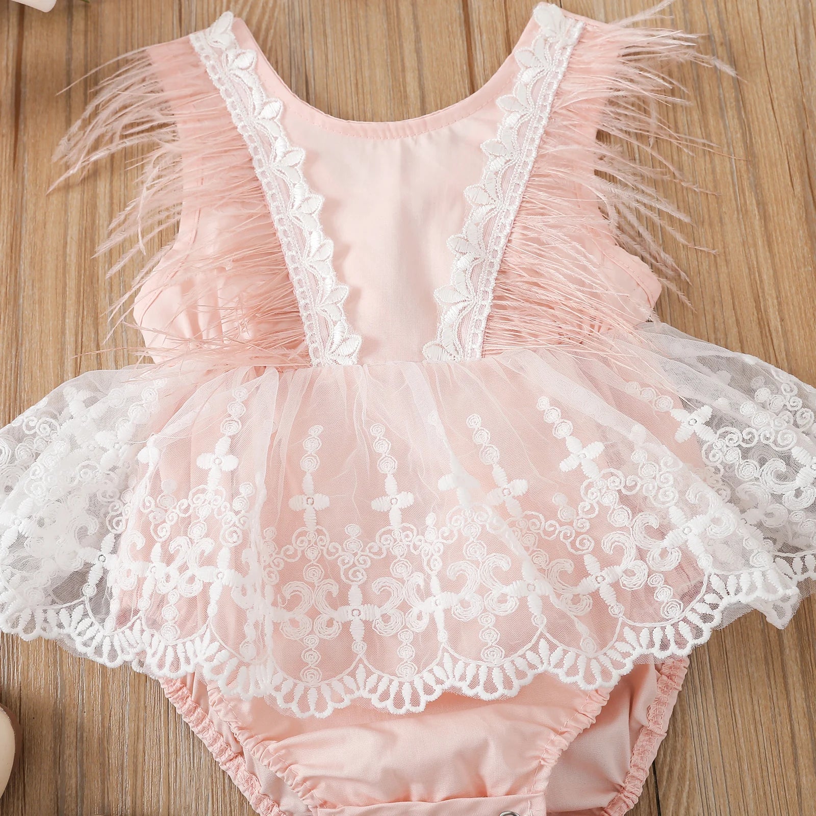 KMK - Feather Trim Lace Romper + Headband