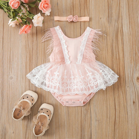 KMK - Feather Trim Lace Romper + Headband