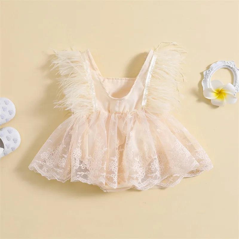 KMK - Feather Trimmed Lace Romper Dress