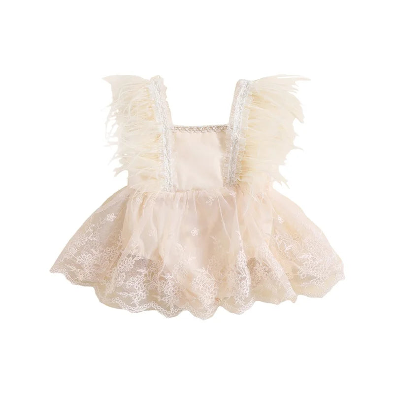 KMK - Feather Trimmed Lace Romper Dress