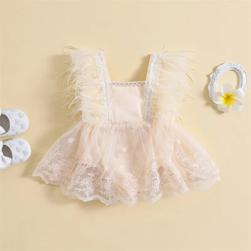 KMK - Feather Trimmed Lace Romper Dress