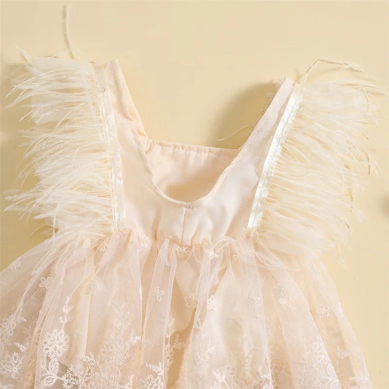 KMK - Feather Trimmed Lace Romper Dress