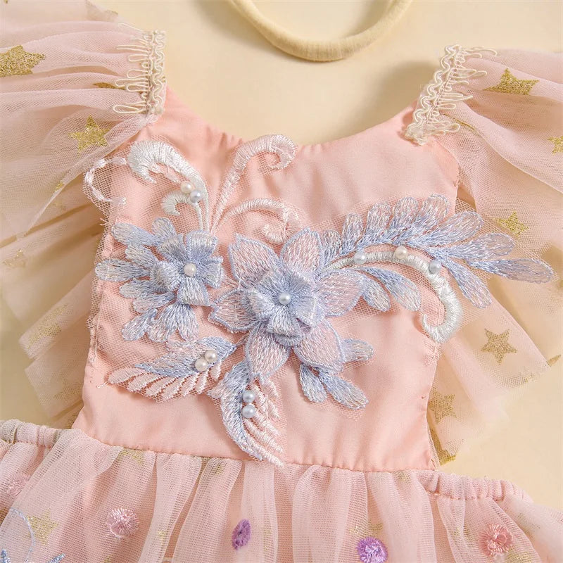 KMK - Floral Embroidery Lace Tulle Mesh Romper + Headband