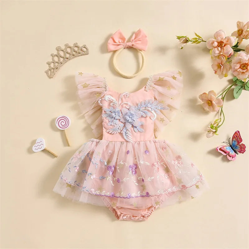 KMK - Floral Embroidery Lace Tulle Mesh Romper + Headband