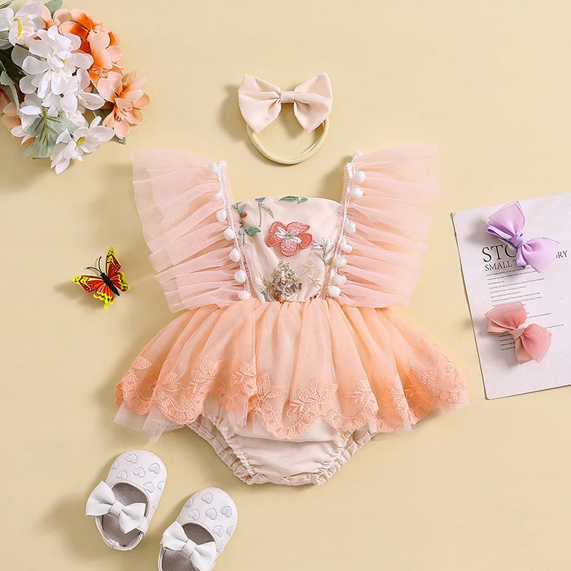 KMK - Floral Embroidery Lace Tulle Romper Dress + Headband