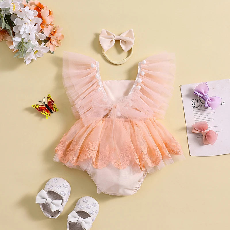 KMK - Floral Embroidery Lace Tulle Romper Dress + Headband