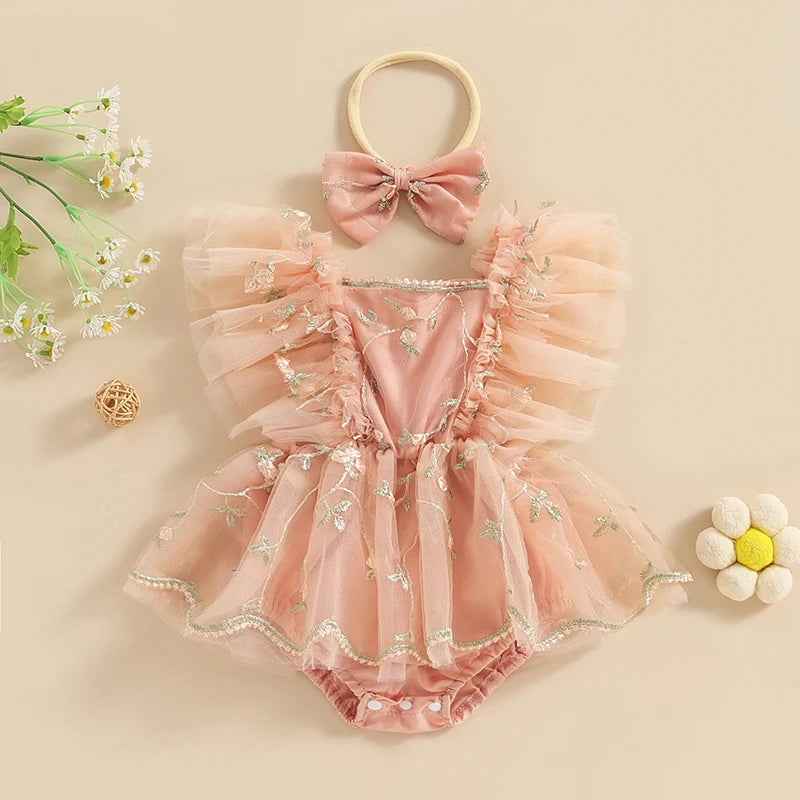 KMK - Floral Embroidery Tulle Romper + Bow Headband