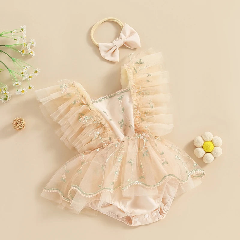 KMK - Floral Embroidery Tulle Romper + Bow Headband