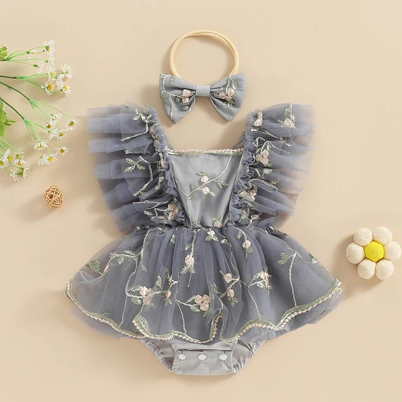 KMK - Floral Embroidery Tulle Romper + Bow Headband