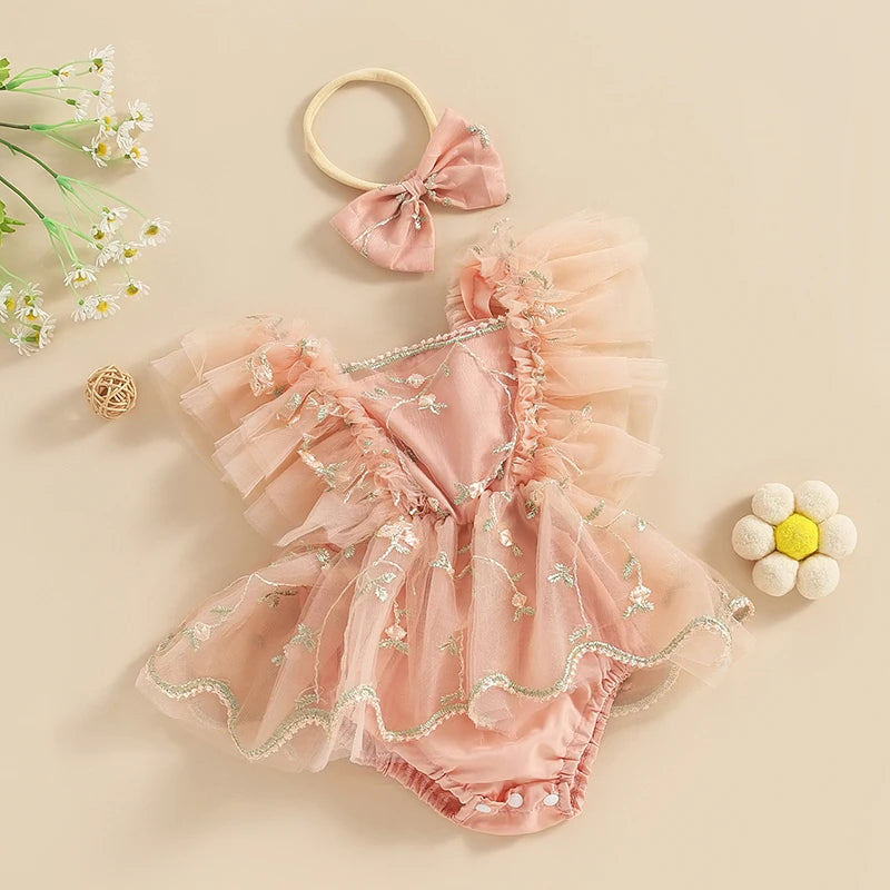 KMK - Floral Embroidery Tulle Romper + Bow Headband