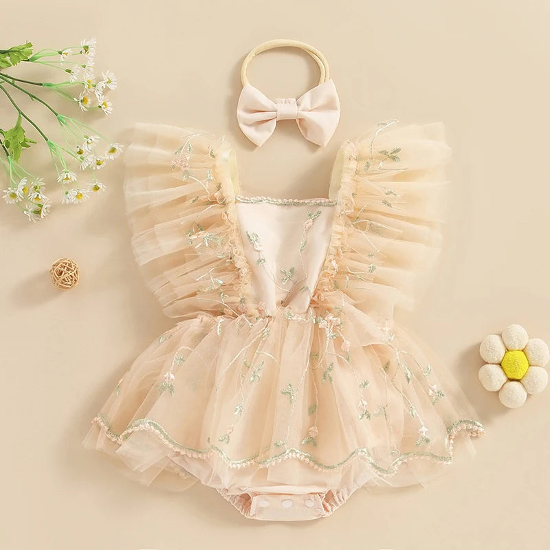 KMK - Floral Embroidery Tulle Romper + Bow Headband