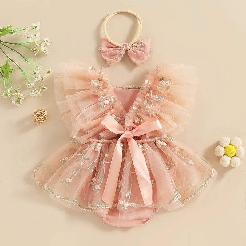 KMK - Floral Embroidery Tulle Romper + Bow Headband