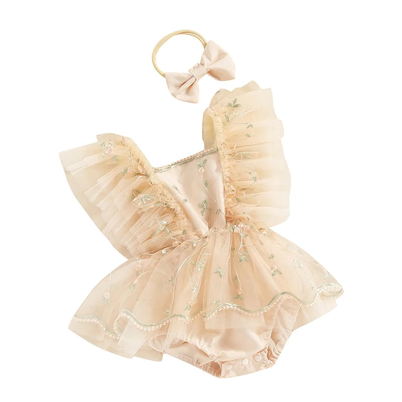 KMK - Floral Embroidery Tulle Romper + Bow Headband