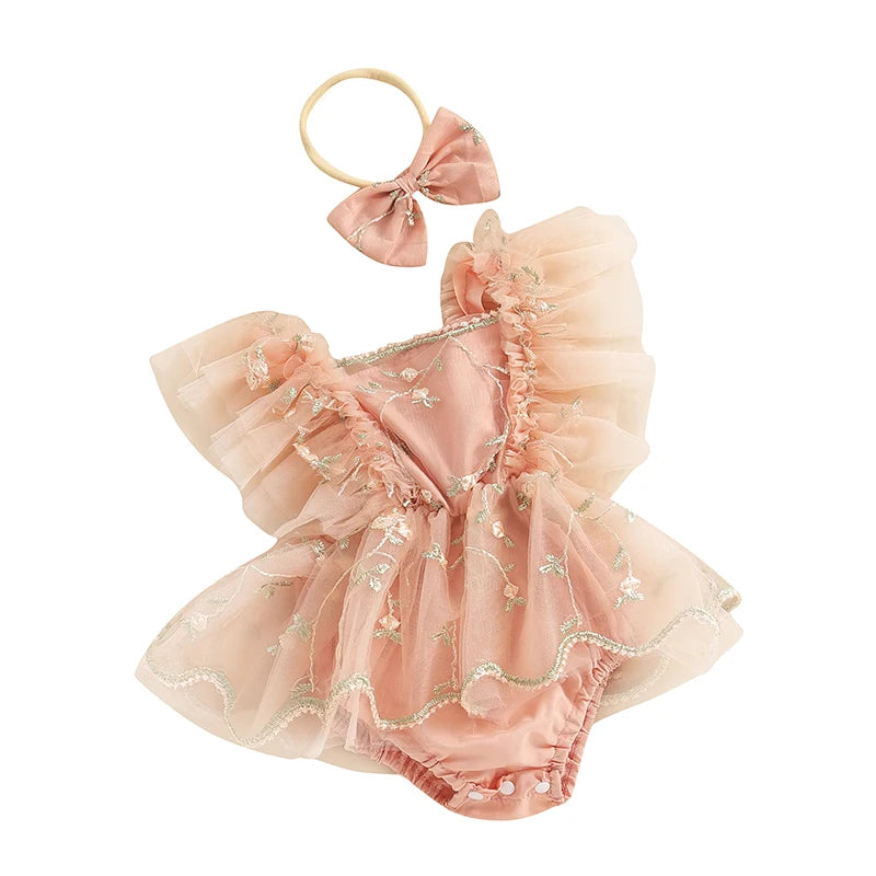 KMK - Floral Embroidery Tulle Romper + Bow Headband