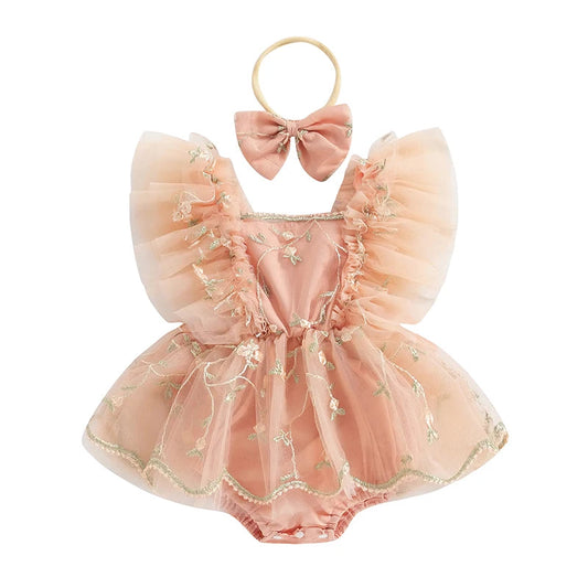 KMK - Floral Embroidery Tulle Romper + Bow Headband