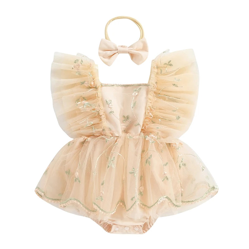 KMK - Floral Embroidery Tulle Romper + Bow Headband