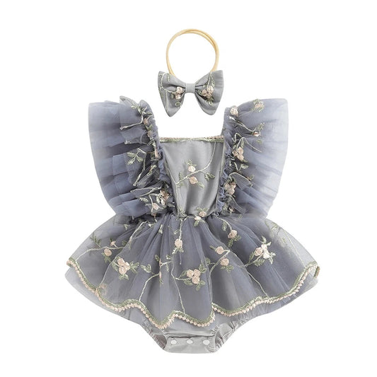 KMK - Floral Embroidery Tulle Romper + Bow Headband