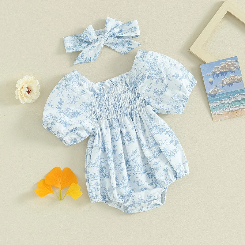 KMK - Floral Print Puff Sleeve Romper+ Headband