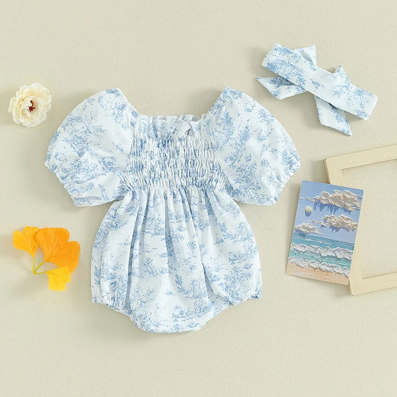 KMK - Floral Print Puff Sleeve Romper+ Headband