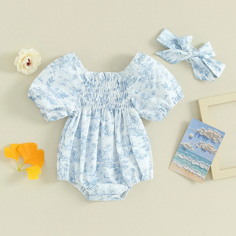 KMK - Floral Print Puff Sleeve Romper+ Headband