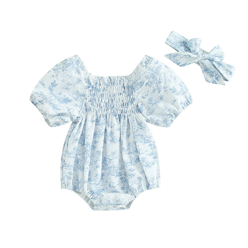 KMK - Floral Print Puff Sleeve Romper+ Headband