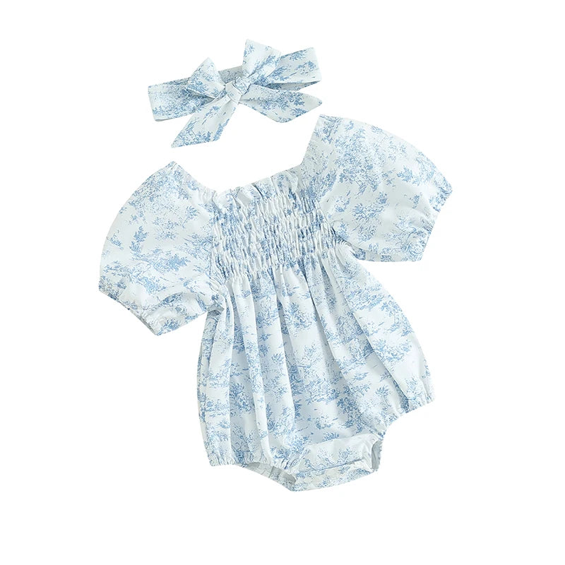 KMK - Floral Print Puff Sleeve Romper+ Headband