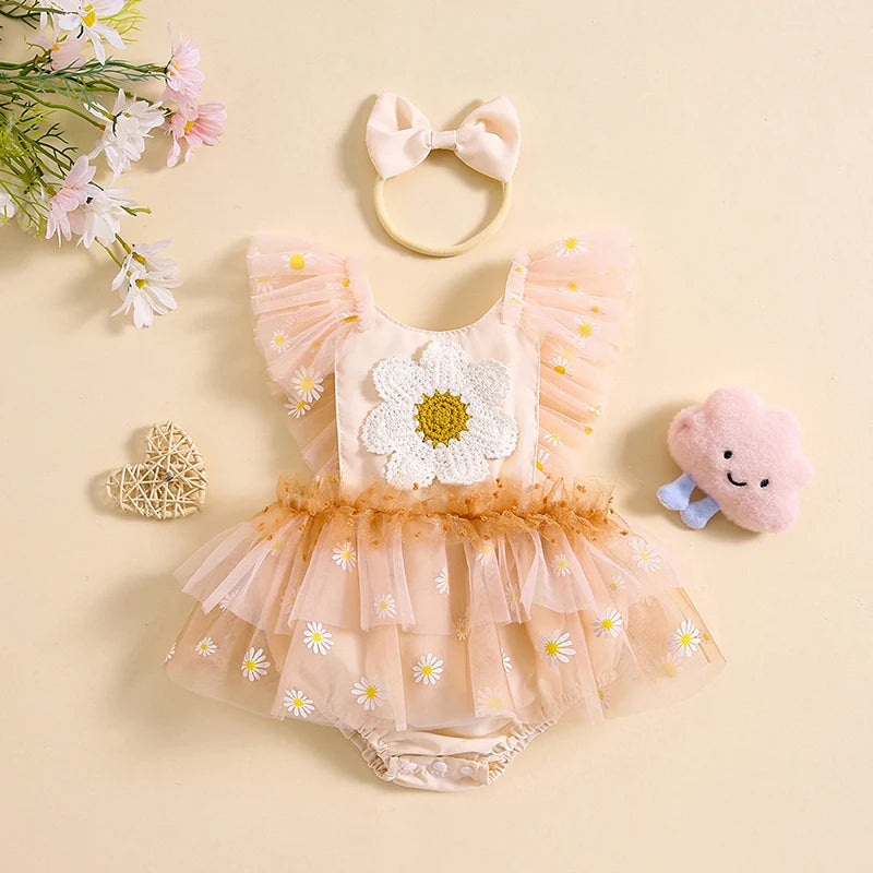 KMK - Floral Tulle Daisy Romper Dress + Headband