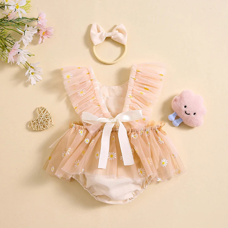 KMK - Floral Tulle Daisy Romper Dress + Headband