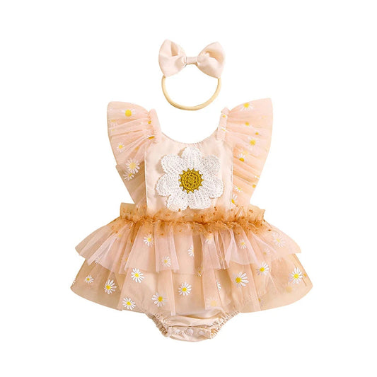 KMK - Floral Tulle Daisy Romper Dress + Headband