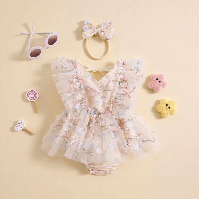 KMK - Flower Embroidered Mesh Romper Dress + Headband