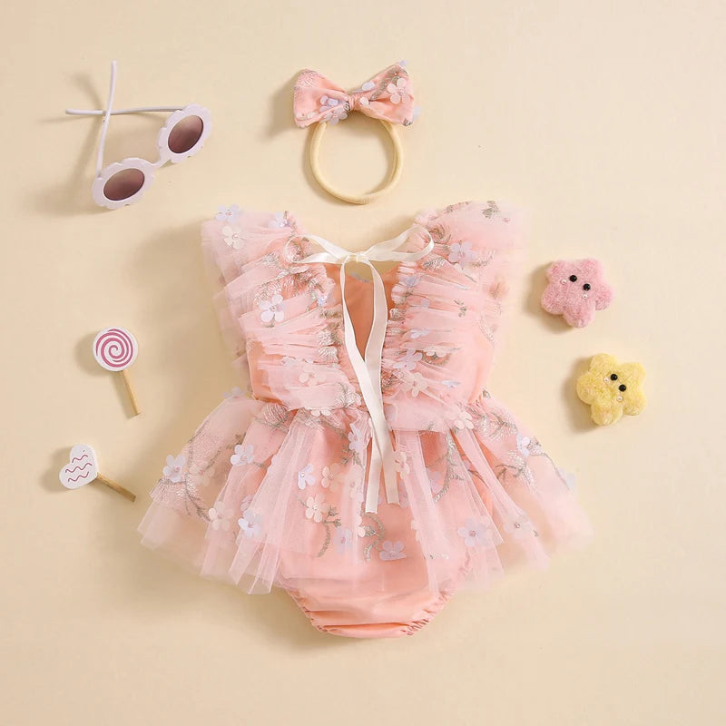 KMK - Flower Embroidered Mesh Romper Dress + Headband