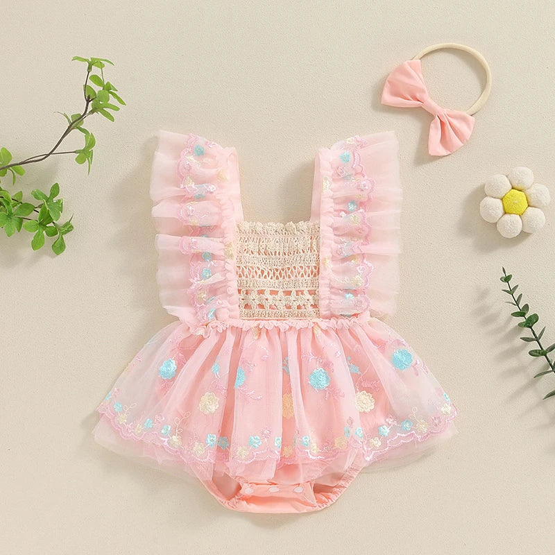 KMK - Flower Embroidery Mesh Tulle Romper Dress + Headband