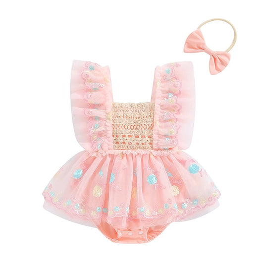 KMK - Flower Embroidery Mesh Tulle Romper Dress + Headband