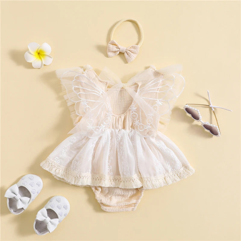 KMK - Flower Embroidery Romper with Butterfly Wings + Headband